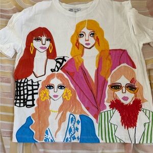 Zara White Tee with Vibrant Fashion Illustration